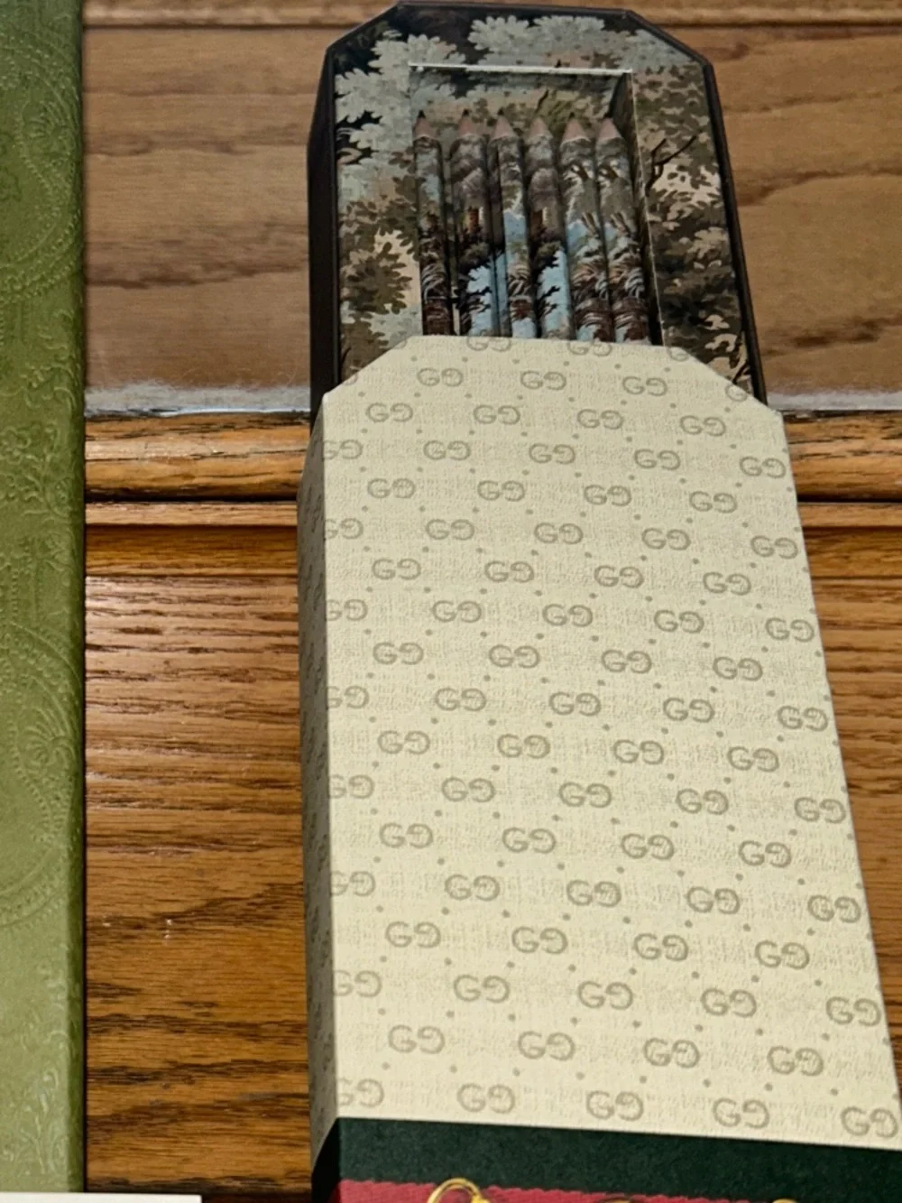Gucci Green Box with Patterned Pencil Tin and Decorative Pencils